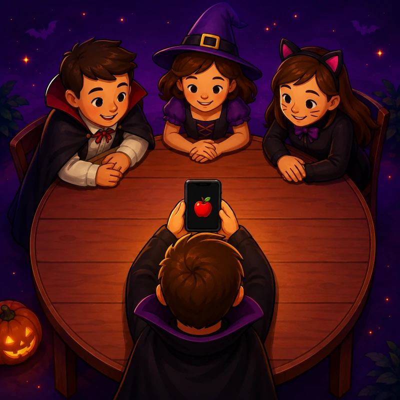 One Game Master keeps the secret on a phone while three Halloween party players guess