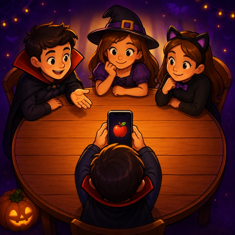 Three Halloween party players take turns asking the Game Master questions