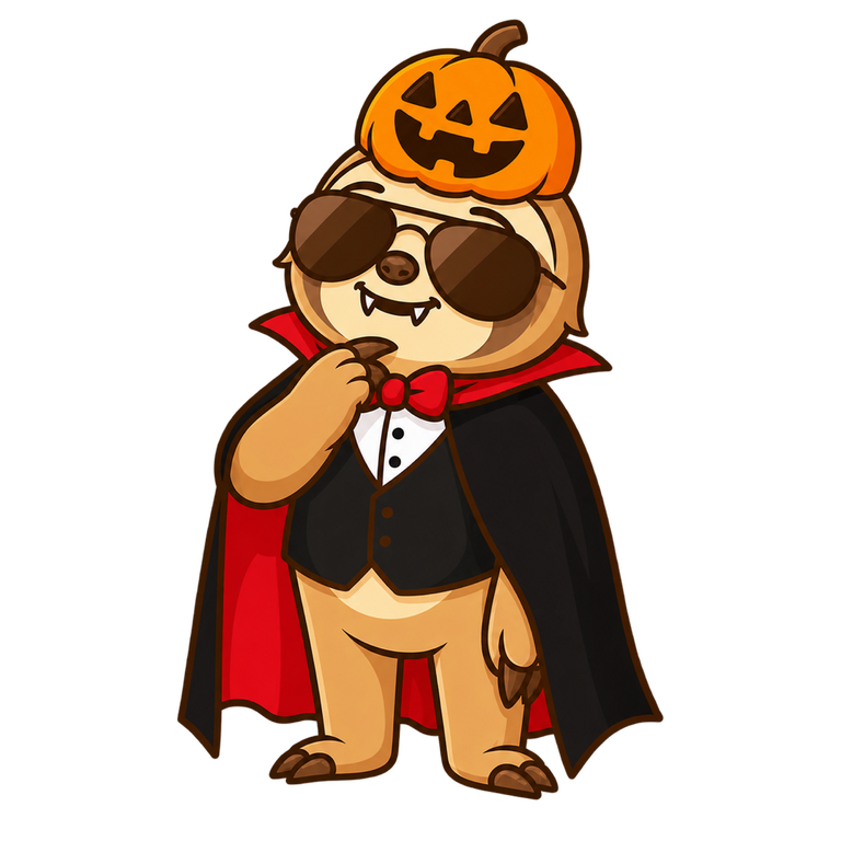 Mosey thinking, dressed as a vampire with a pumpkin hat