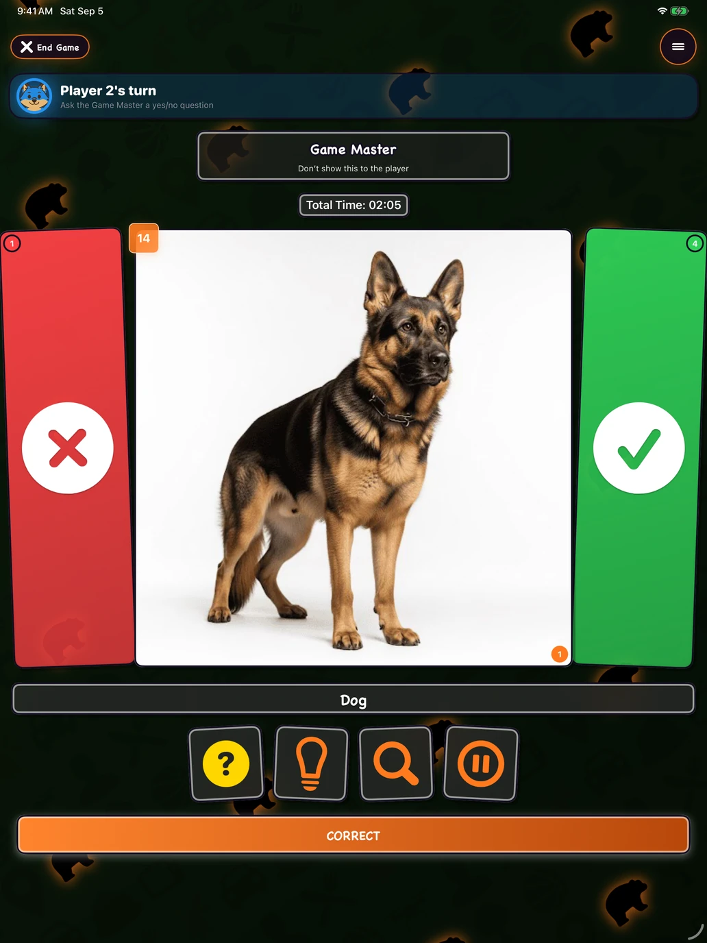 Halloween Pass and Play round from the Game Master view on iPad