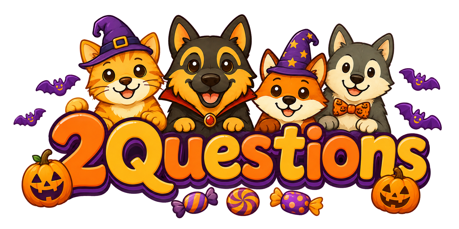 2Questions with the cat, dog, fox and wolf dressed for Halloween