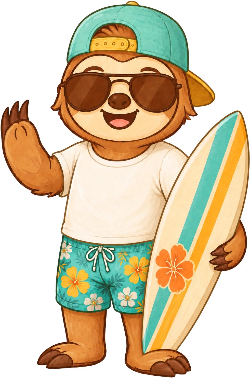 Meet Mosey, the summer 20 Questions sloth mascot in sunglasses and board shorts holding a surfboard