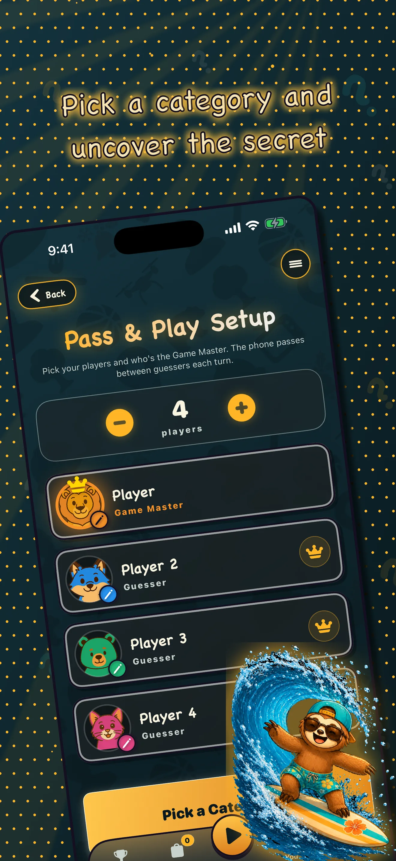 Pass and Play setup: pick your players and the Game Master