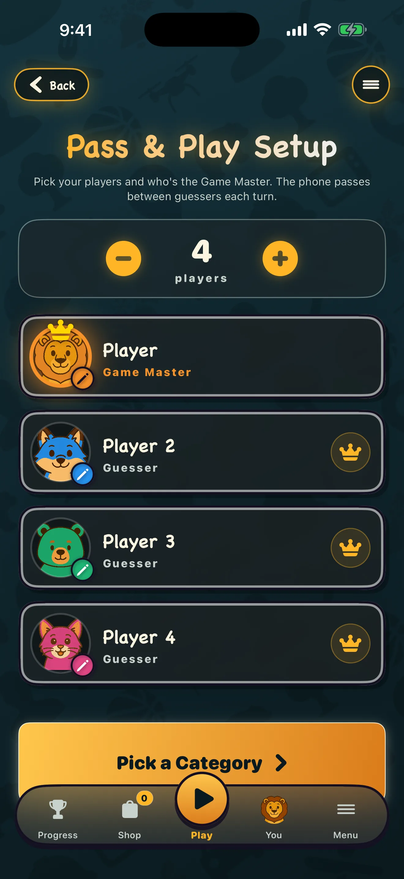 Pass and Play roster with four players and avatar picks