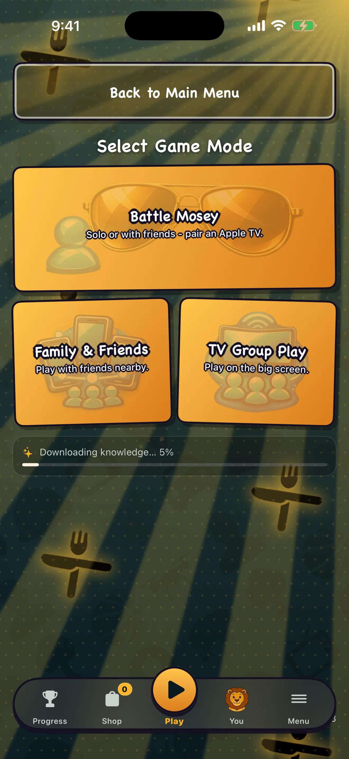 Select Game Mode: Battle Mosey, Family and Friends, or TV Group Play