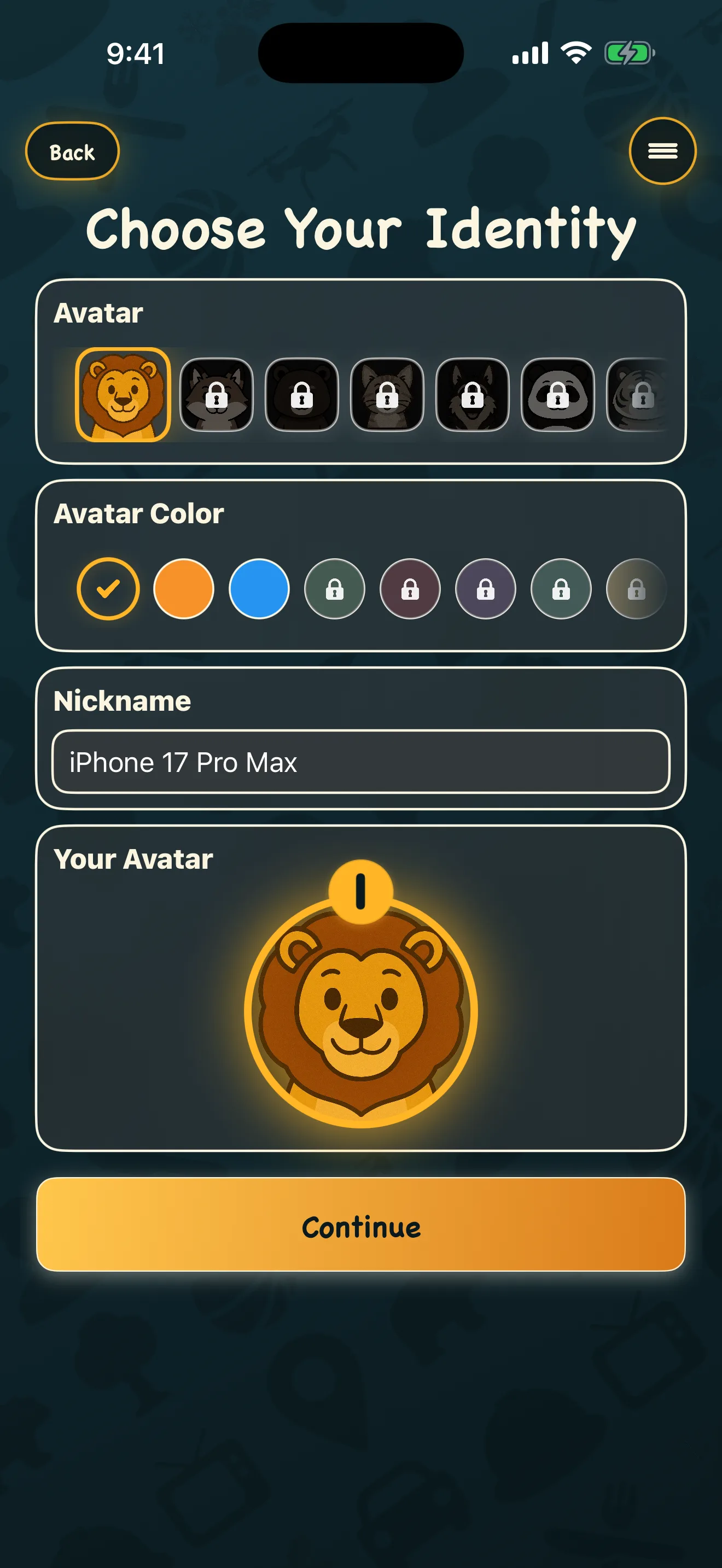 Choose your identity: avatar, avatar color, and nickname
