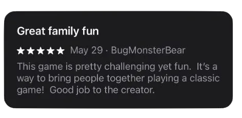 Five-star App Store review titled Great family fun