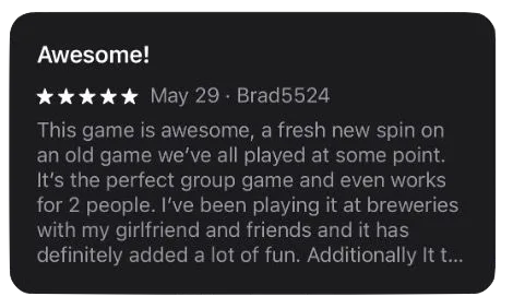 Five-star App Store review titled Awesome