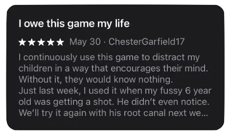 Five-star App Store review titled I owe this game my life