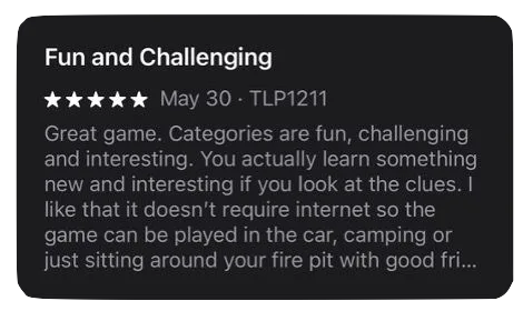 Five-star App Store review titled Fun and Challenging