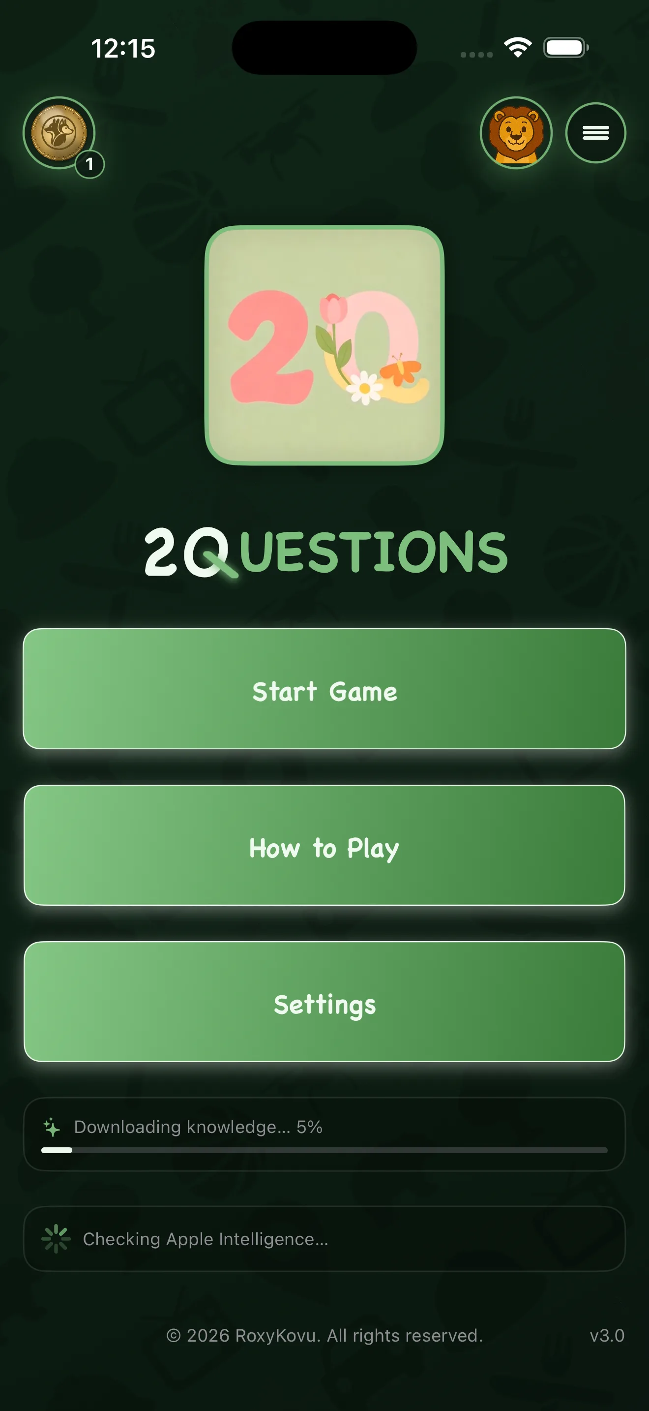 2Q main menu with Apple Intelligence ready