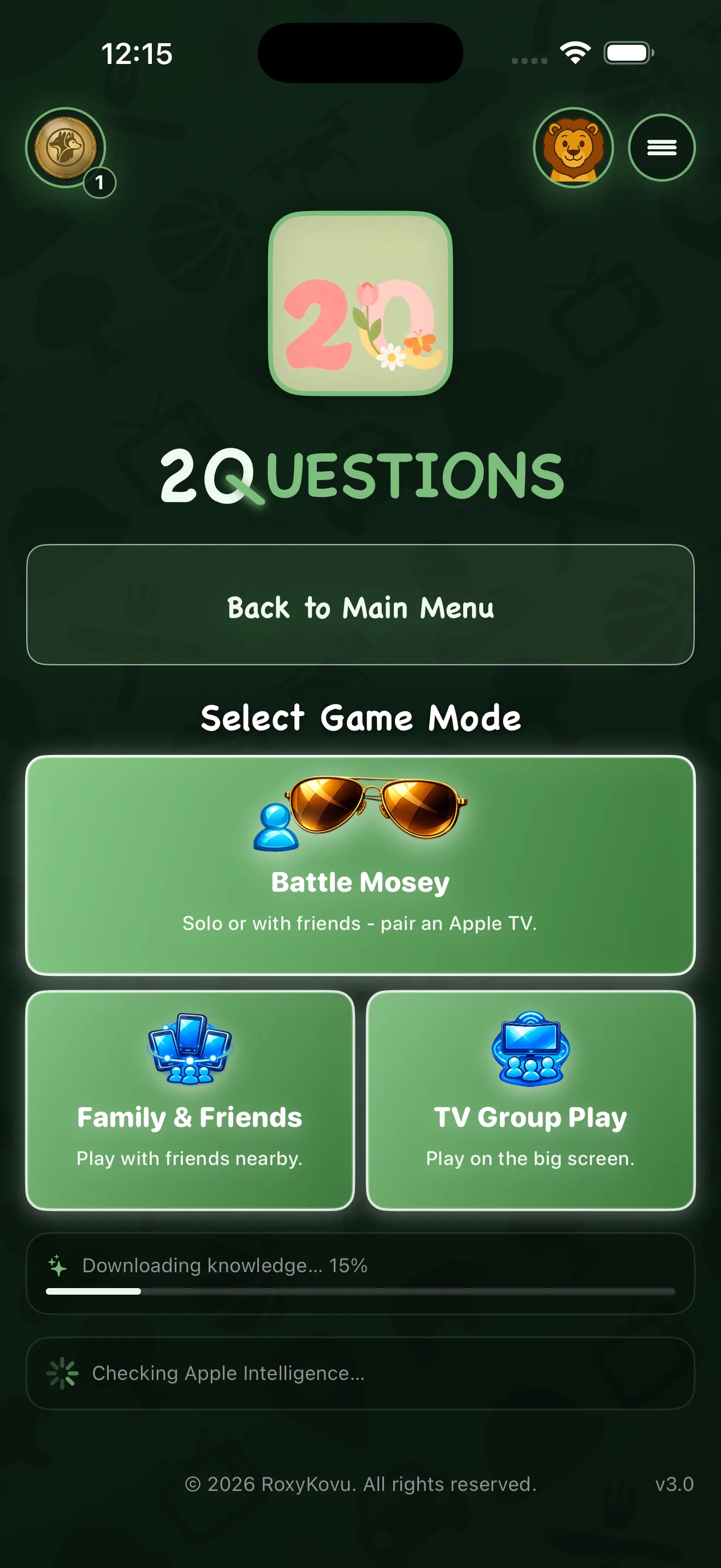 2Q game mode select: Battle Mosey, Family and Friends, TV Group Play