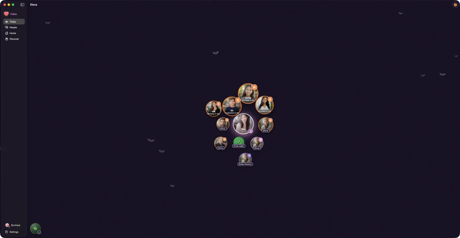 Clara on Mac: the week's people orbiting you, each bubble a birthday, a graduation or a job to do