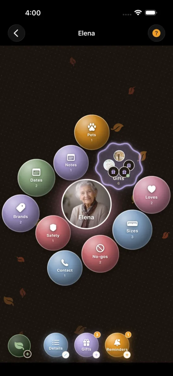 Clara on iPhone: one person at the centre, ringed by bubbles for their dates, gifts, sizes, loves, no-gos and pets
