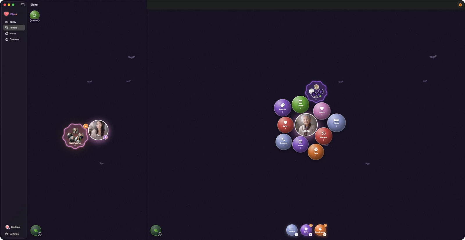 Clara showing a person's details orbiting their photo as tappable bubbles