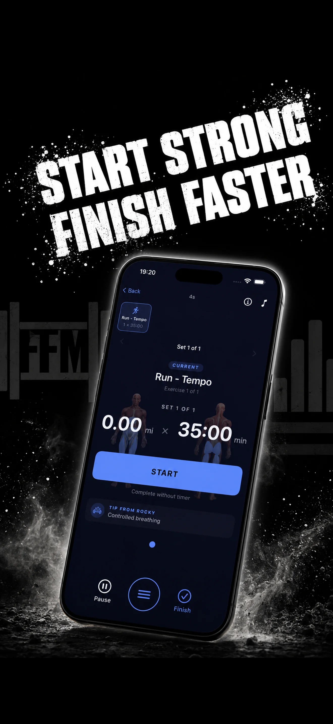 FFM marketing graphic: Start strong, finish faster, featuring Live GPS cardio
