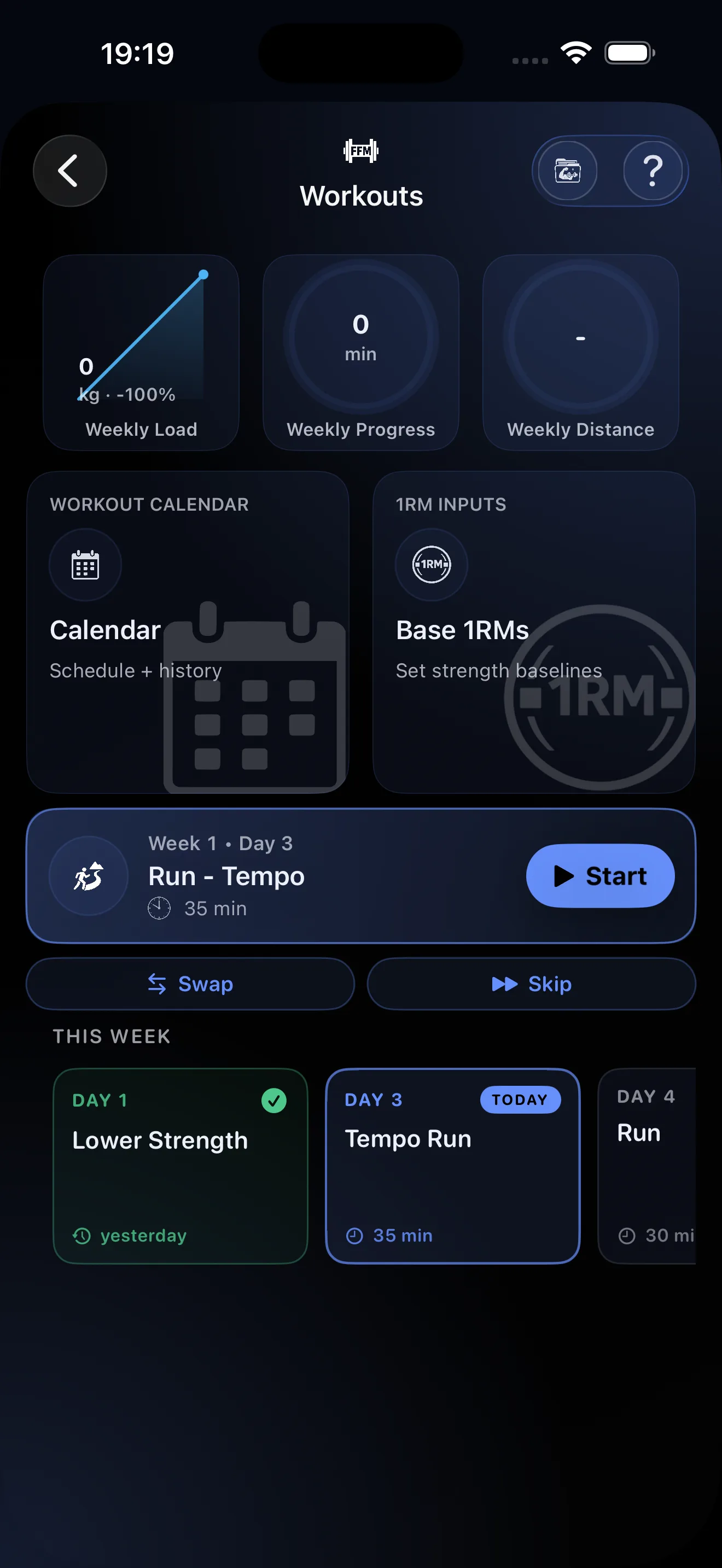 Workouts hub with weekly load and built-in programs