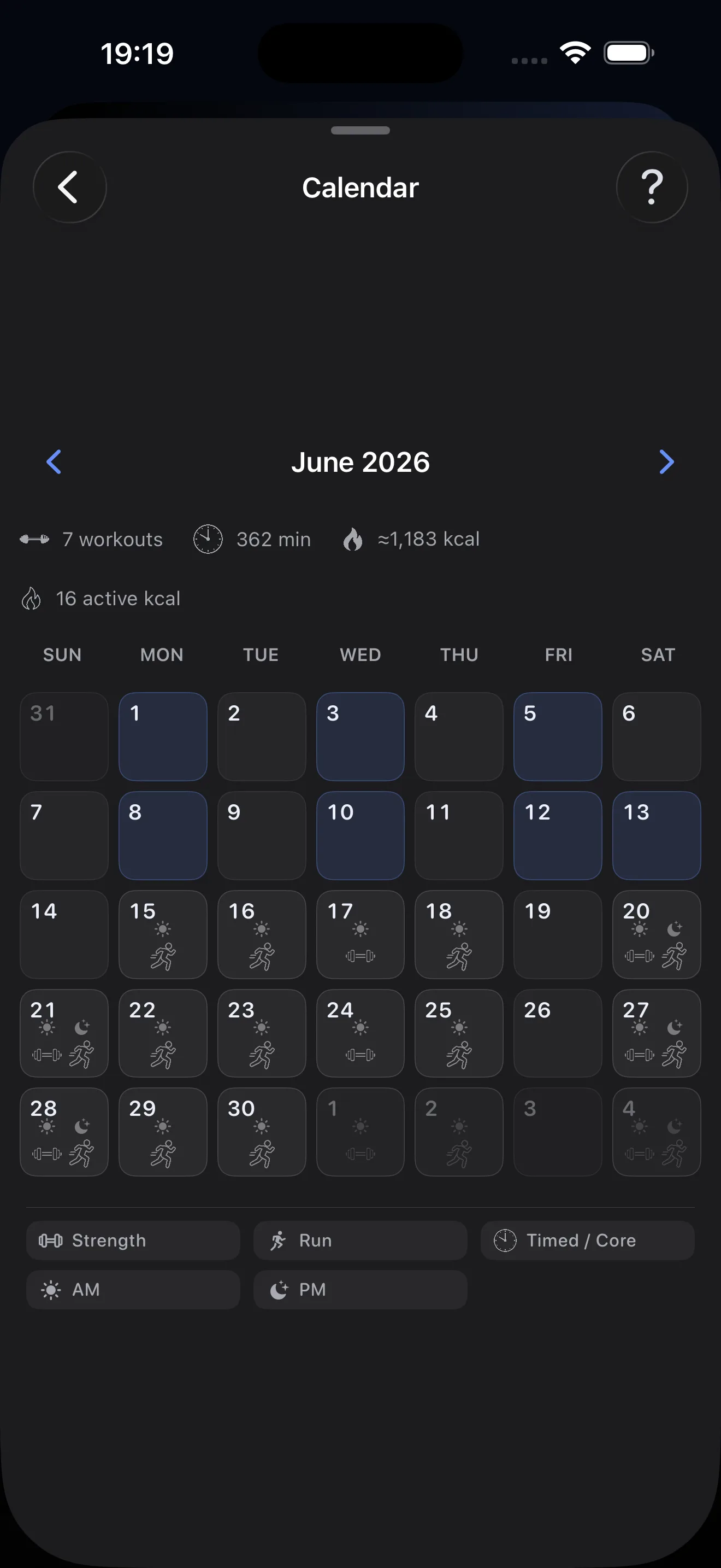 Calendar of workouts, cardio, and calories
