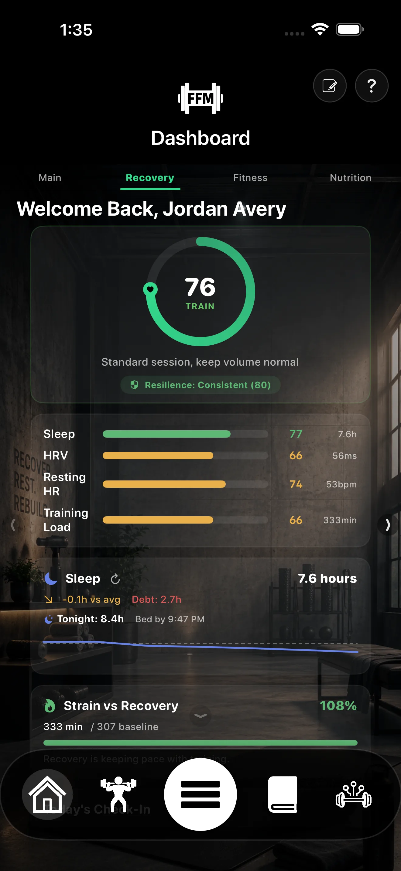 Recovery tab with a 76 Train score, sleep, HRV, resting heart rate, and training load bars, and a sleep card showing hours, debt, and a bedtime target