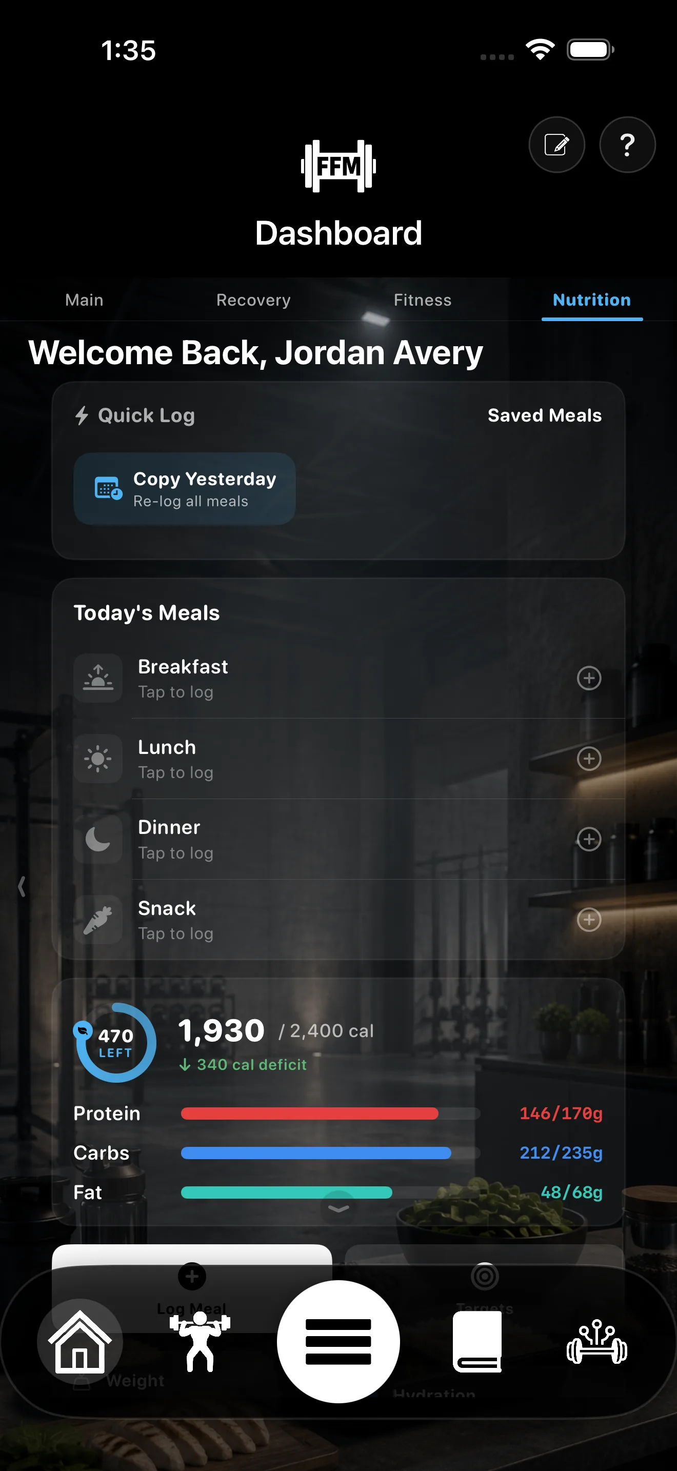 FFM Nutrition tab with quick meal logging, a Today's Meals list for breakfast, lunch, dinner, and snack, calories remaining against a daily target, and protein, carb, and fat rings