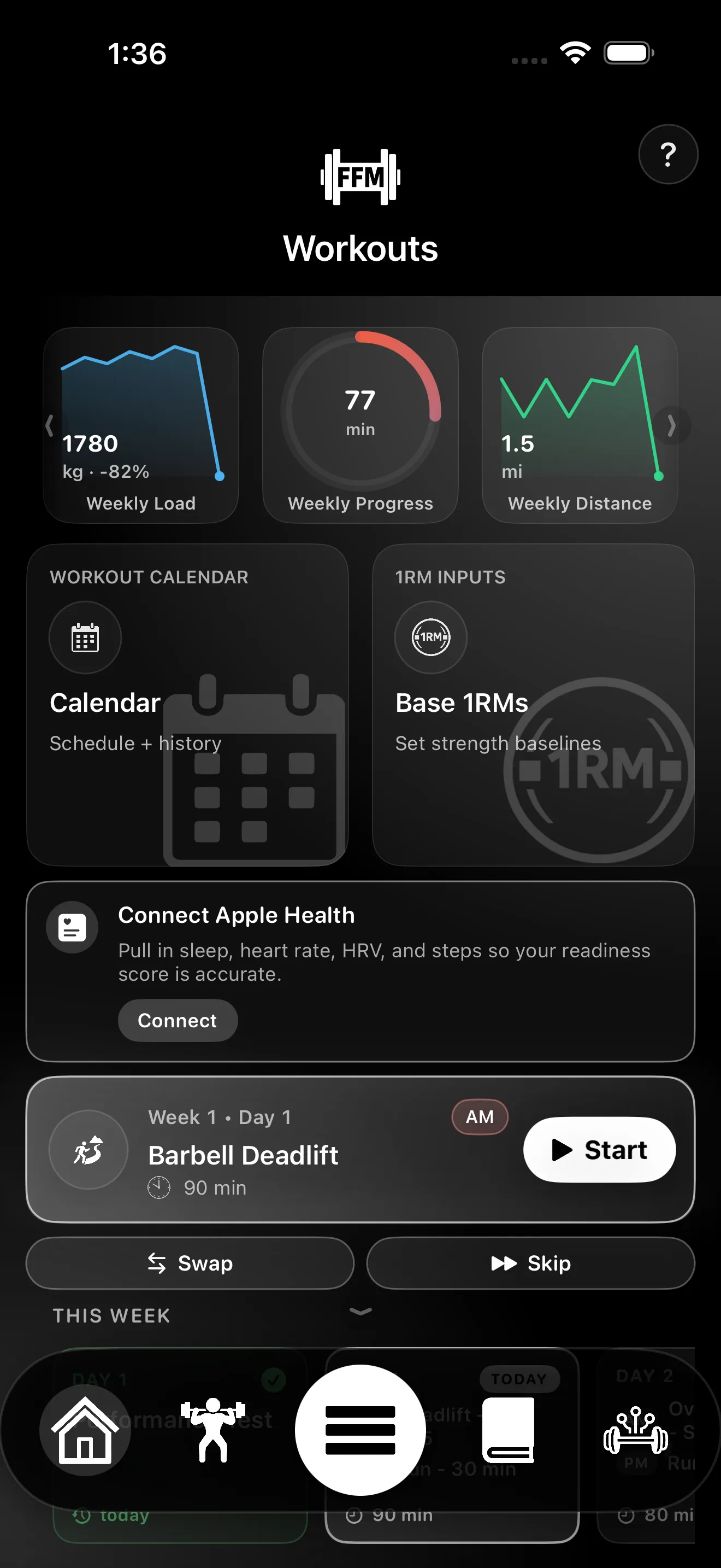 Workouts hub with weekly load, calendar and one-rep-max entry points, Apple Health connect, and the next session queued