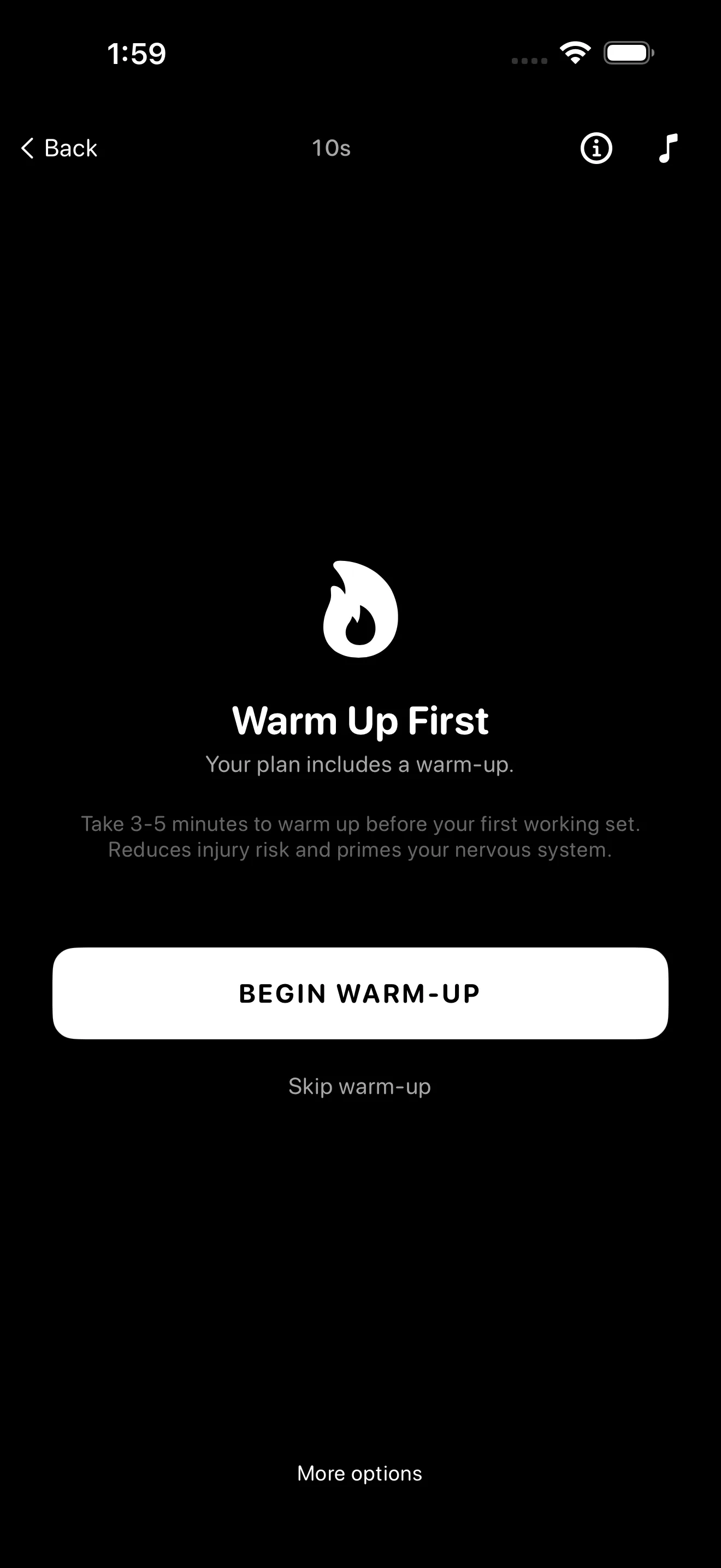 Warm-up prompt before the first working set, with Begin Warm-Up or skip