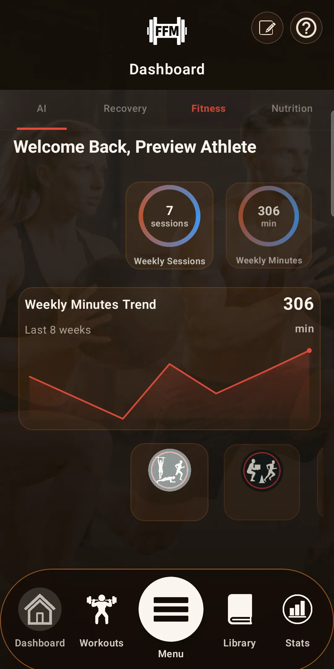 FFM on Android showing the Dashboard Fitness tab with weekly sessions and weekly minutes rings and an eight-week weekly-minutes trend line