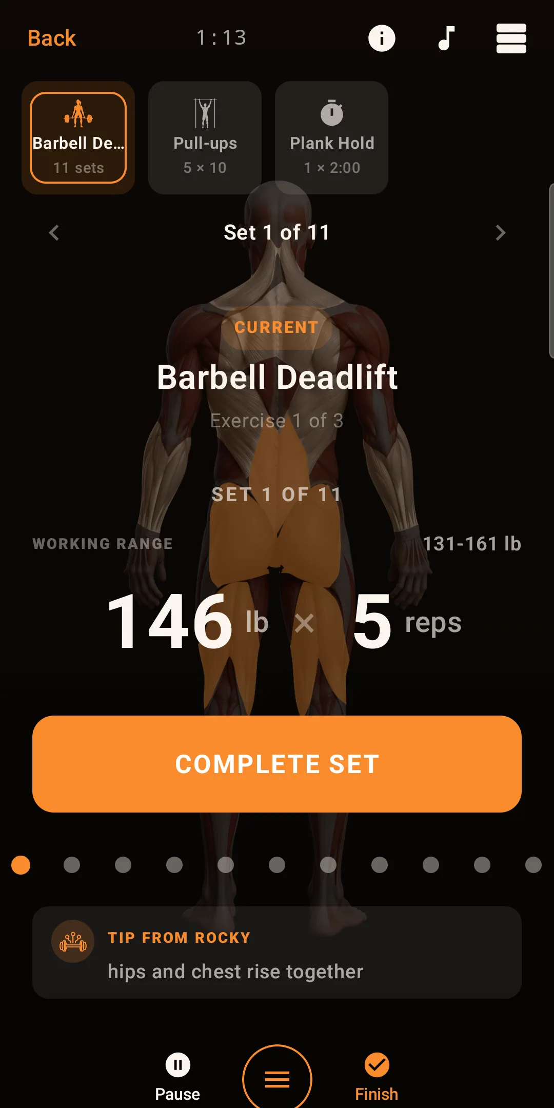 FFM on Android running a workout: set 1 of 11 of a barbell deadlift over an anatomical map with the worked muscles highlighted, a working range, the target weight and reps, a Complete Set button, and a form tip