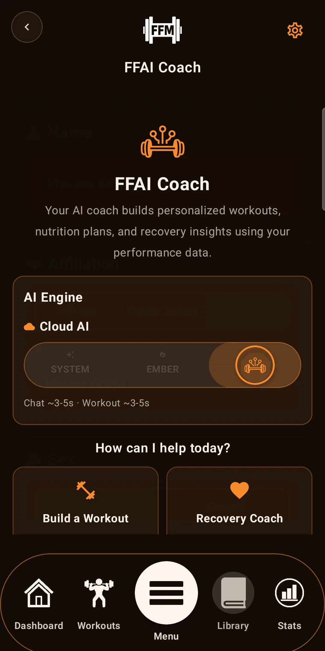 FFM on Android showing the FFAI Coach screen with the AI engine picker set to Cloud AI alongside the System and Ember on-device options, and shortcuts to build a workout or open the recovery coach