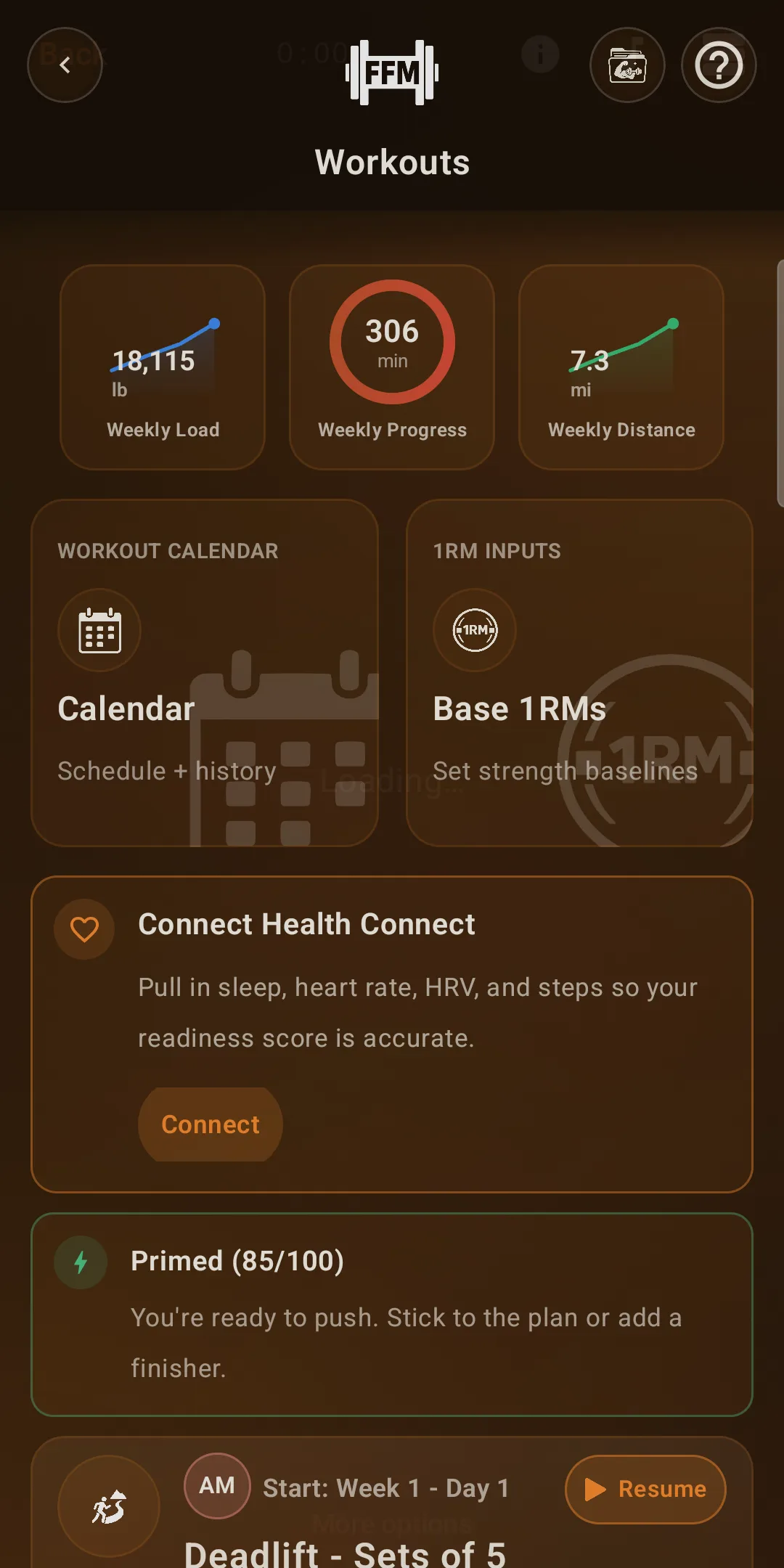 FFM on Android showing the Workouts hub with weekly load, weekly progress and weekly distance cards, calendar and one-rep-max entry points, a Health Connect prompt, and the next session queued