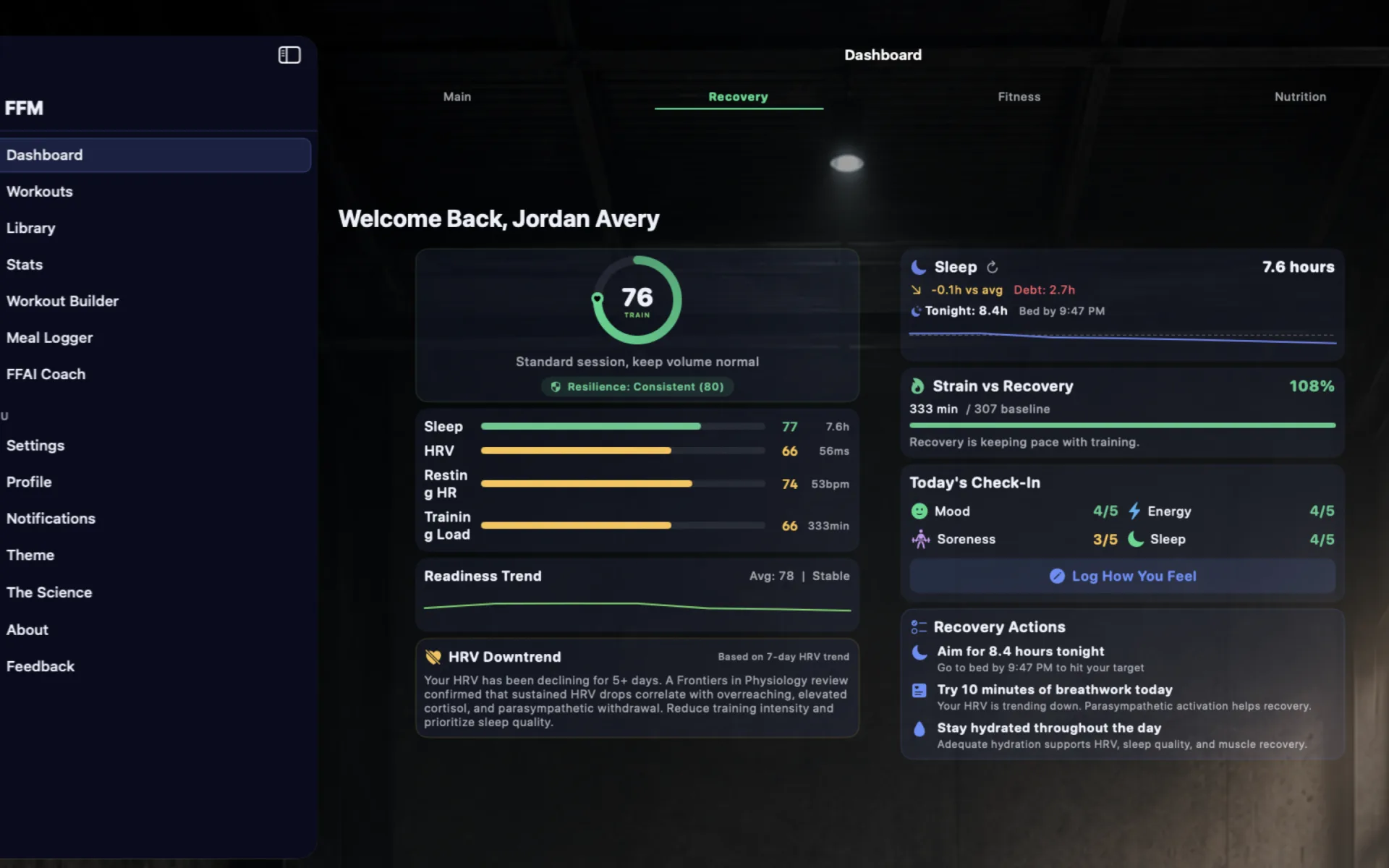 FFM on Mac showing the Recovery screen with a readiness score of 76, contributor bars for sleep, HRV, resting heart rate, and training load, a readiness trend line, and a daily check-in for mood, energy, and soreness.