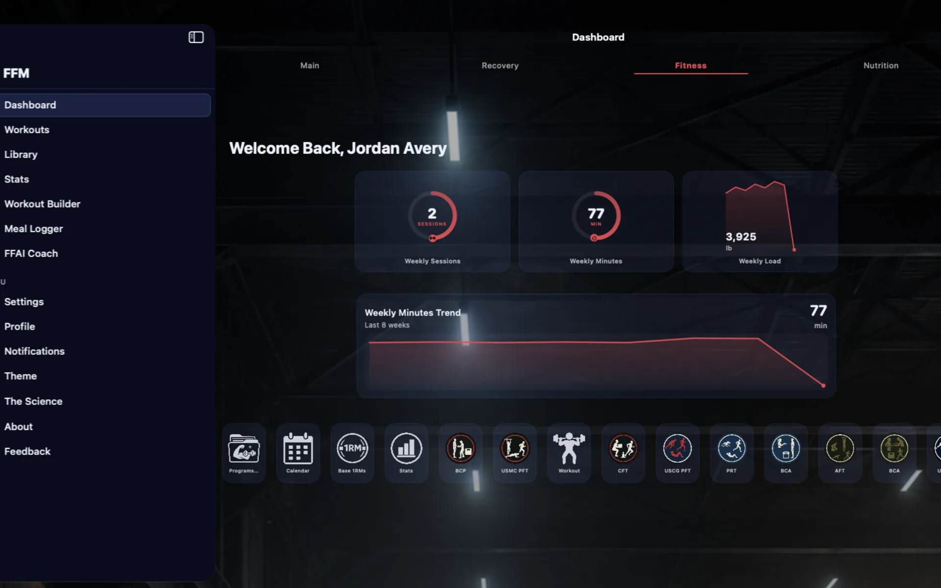 FFM on Mac showing the Fitness screen with weekly rings for sessions, minutes, and total load, an eight-week weekly-minutes trend chart, and quick-action tiles for programs, calendar, one-rep-max entry, and branch fitness tests.