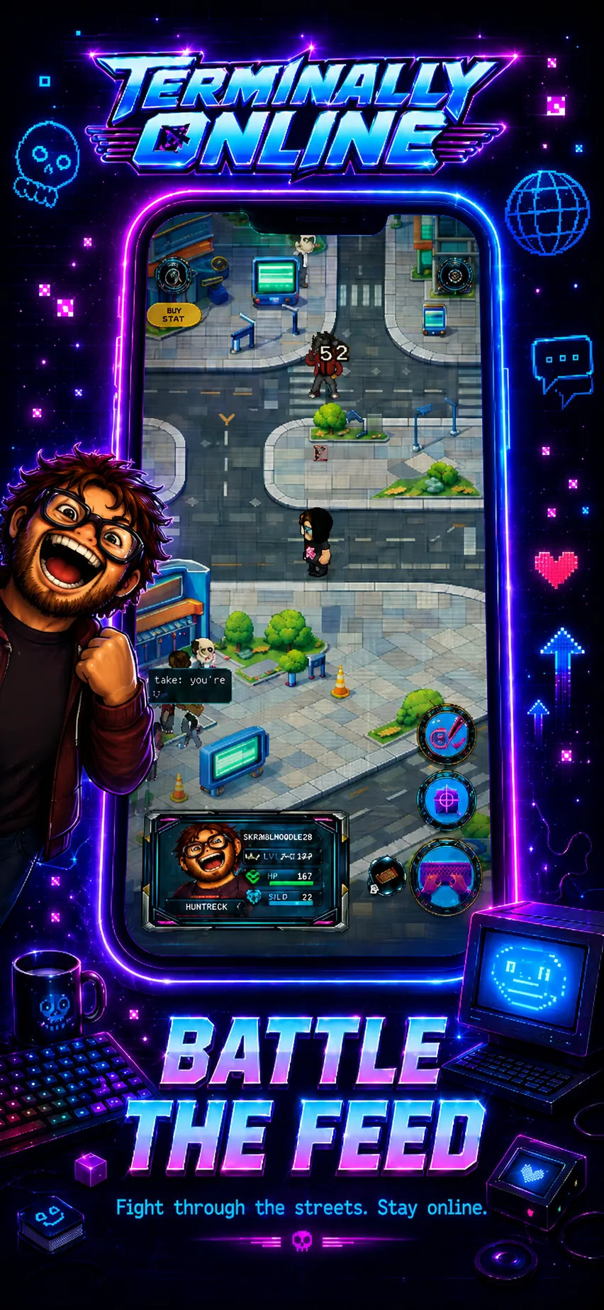 Terminally Online key art: battle the feed, fight through the streets