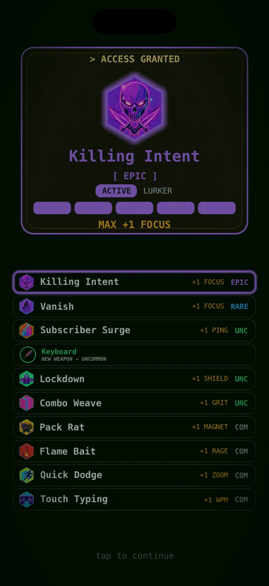 Terminally Online loadout reveal listing perks, weapons, and abilities by rarity