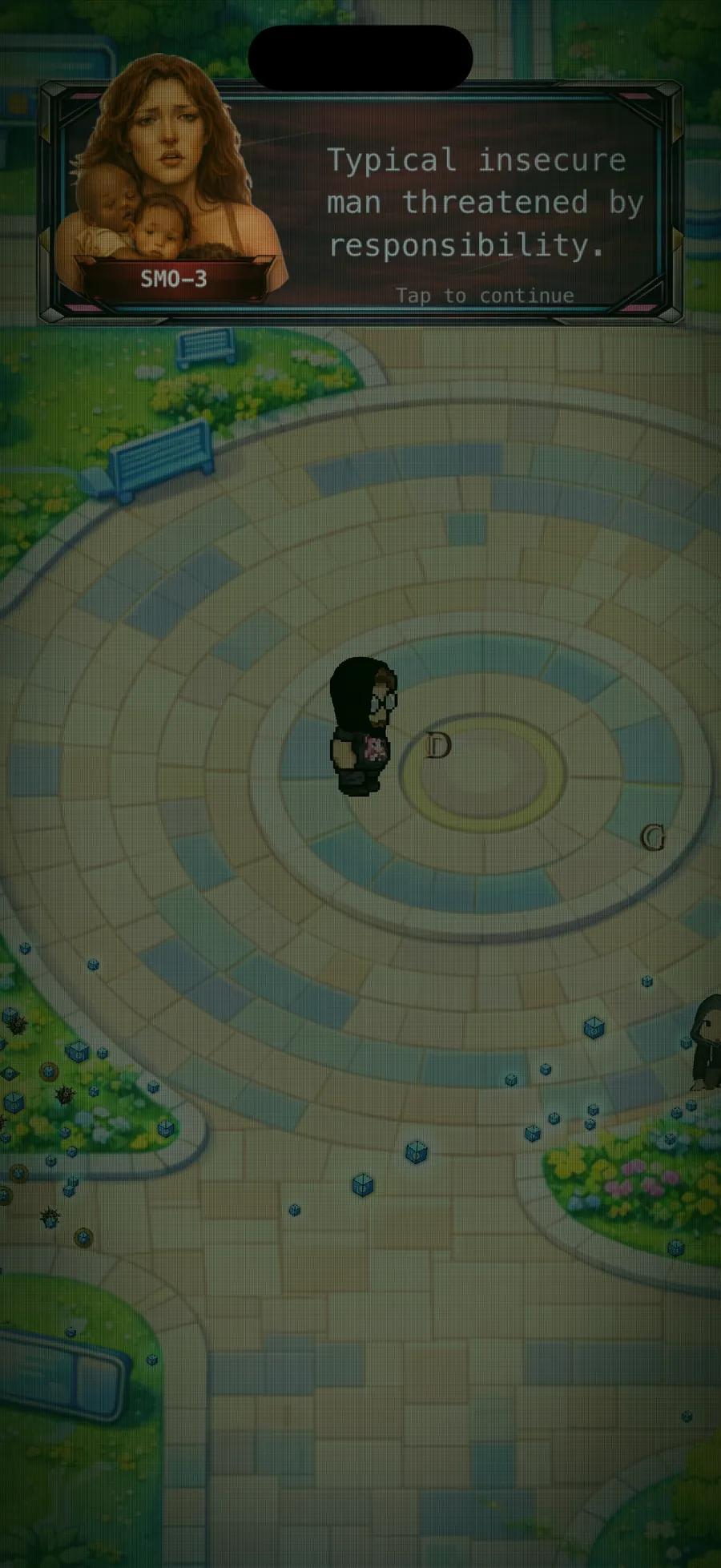 Terminally Online boss dialogue encounter on a circular arena