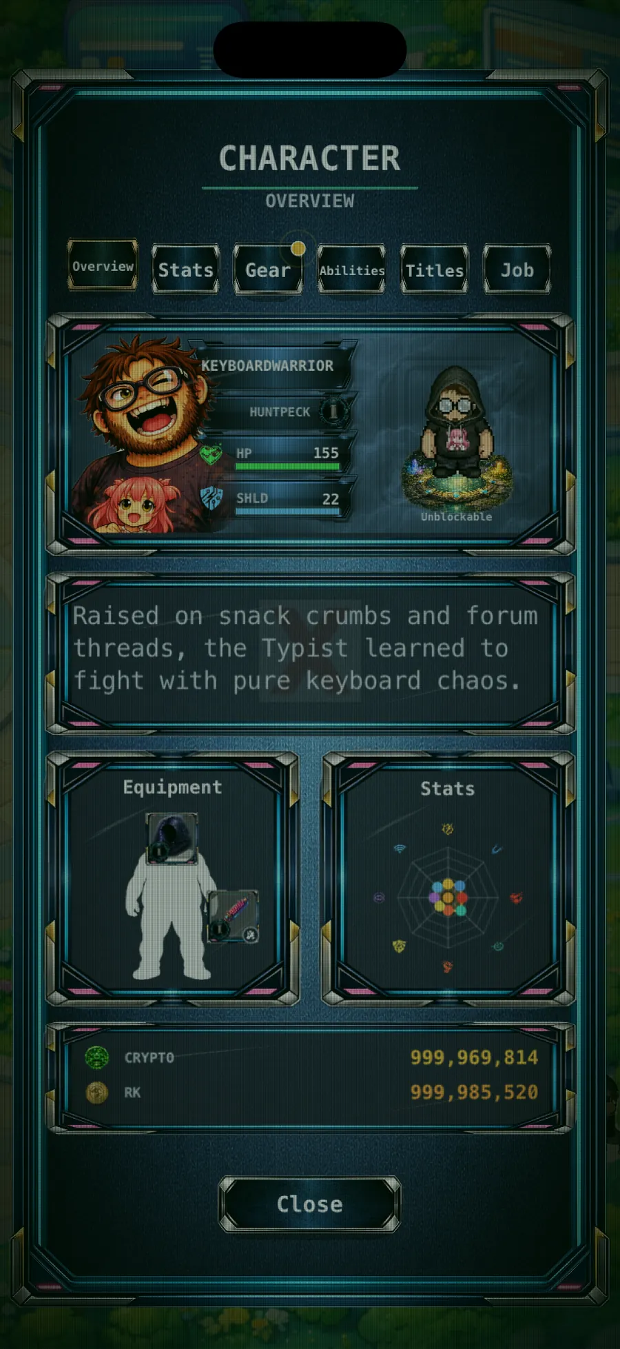 Terminally Online character sheet with bio, equipment, and stats
