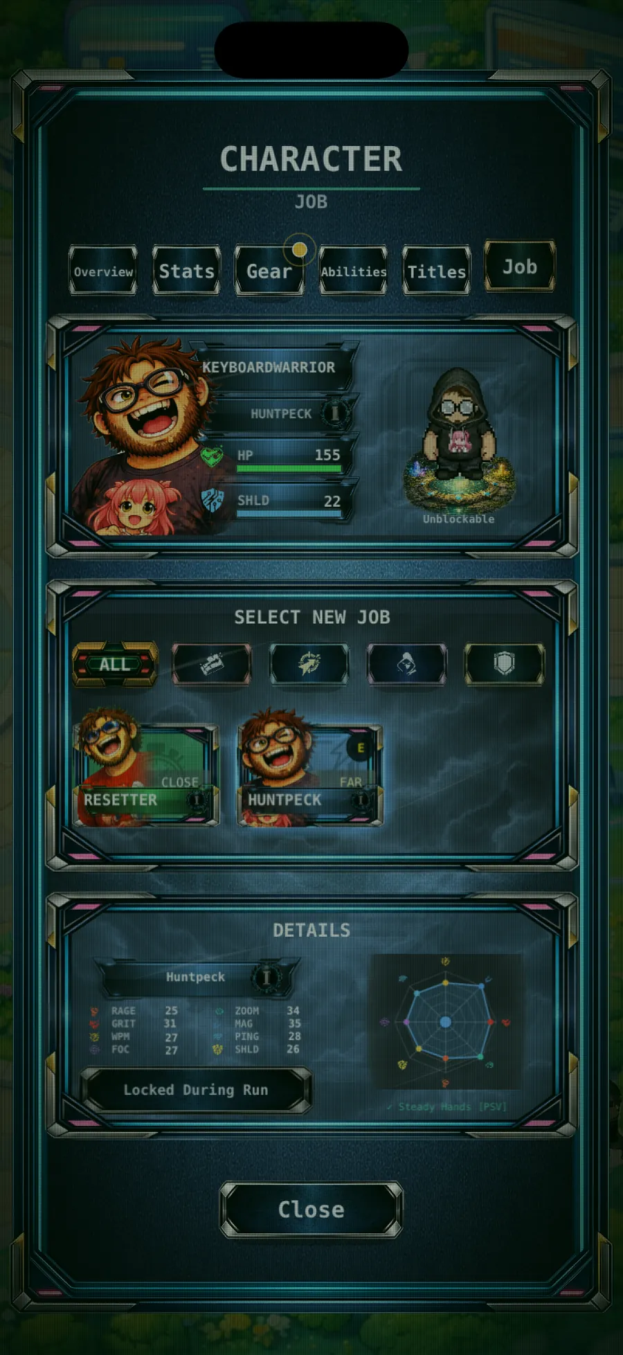Terminally Online job selection screen with class options and a stat web