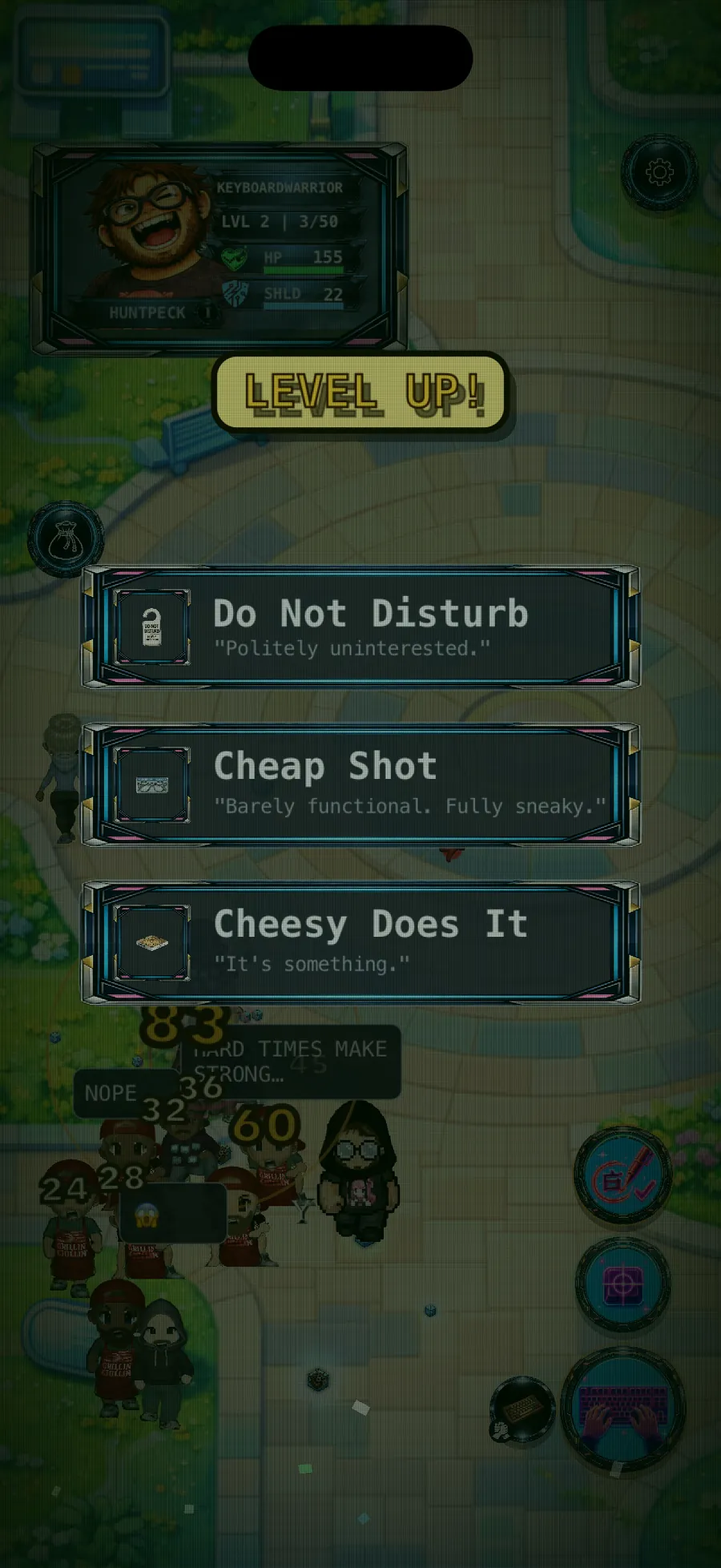 Terminally Online mid-run level-up screen offering three upgrade choices