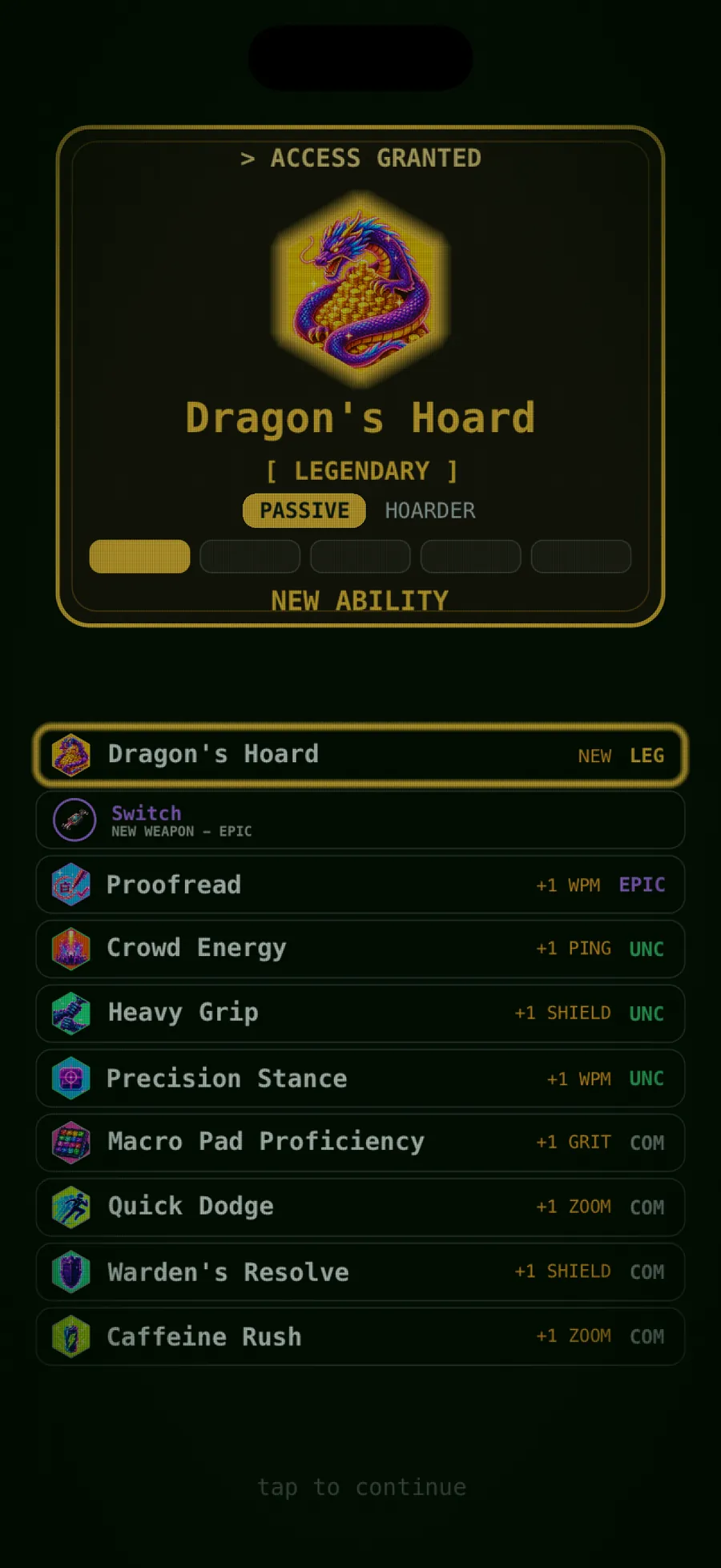 Terminally Online legendary ability reveal with a gold dragon sigil