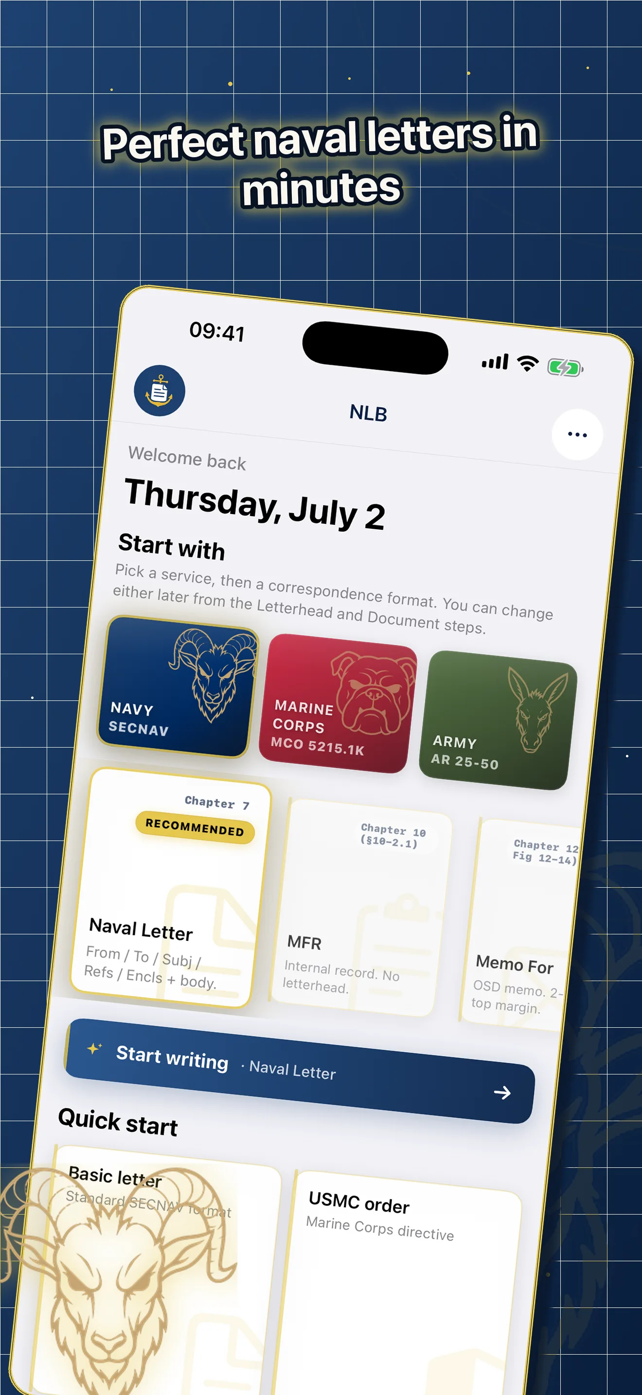Perfect naval letters in minutes: the dashboard with Navy, Marine Corps, and Army service tiles