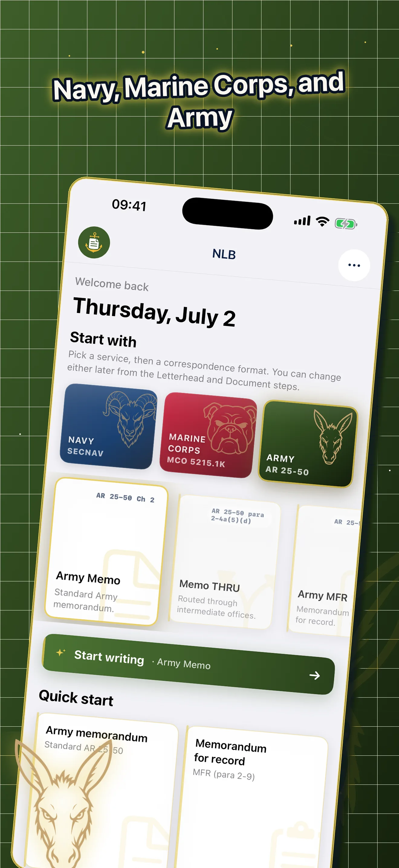 Navy, Marine Corps, and Army: Army memorandum templates under AR 25-50