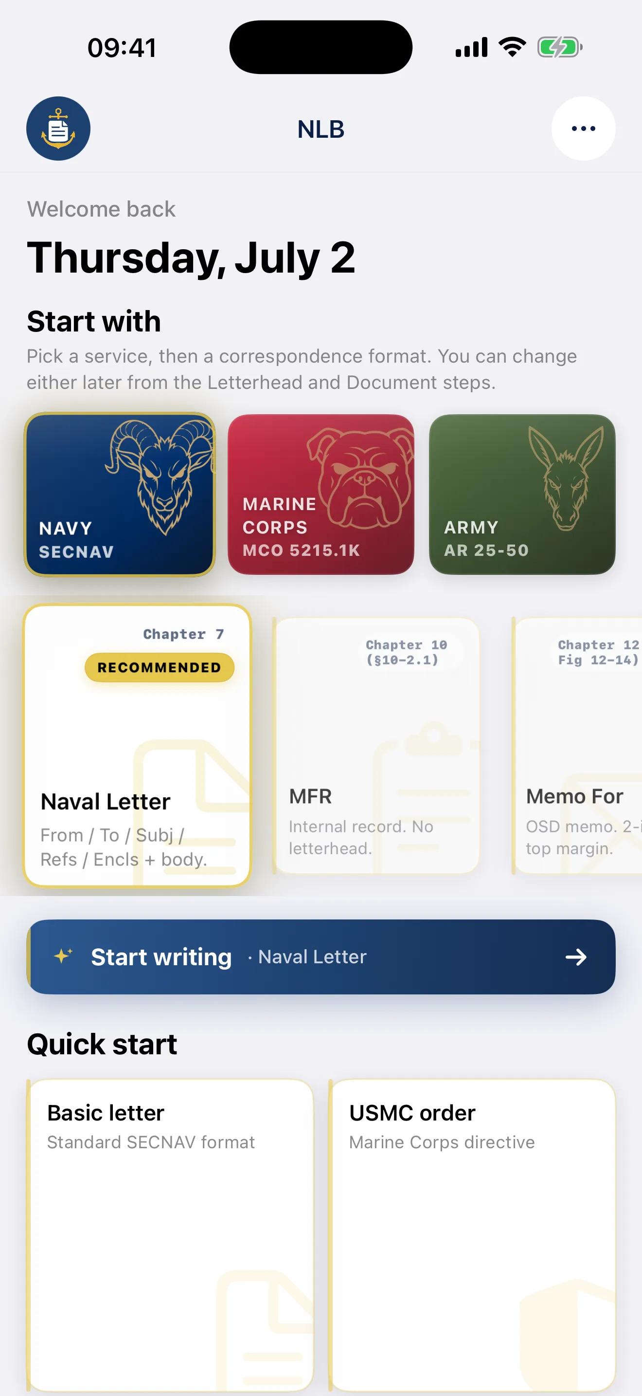 Dashboard with service tiles, recommended formats, and quick-start templates