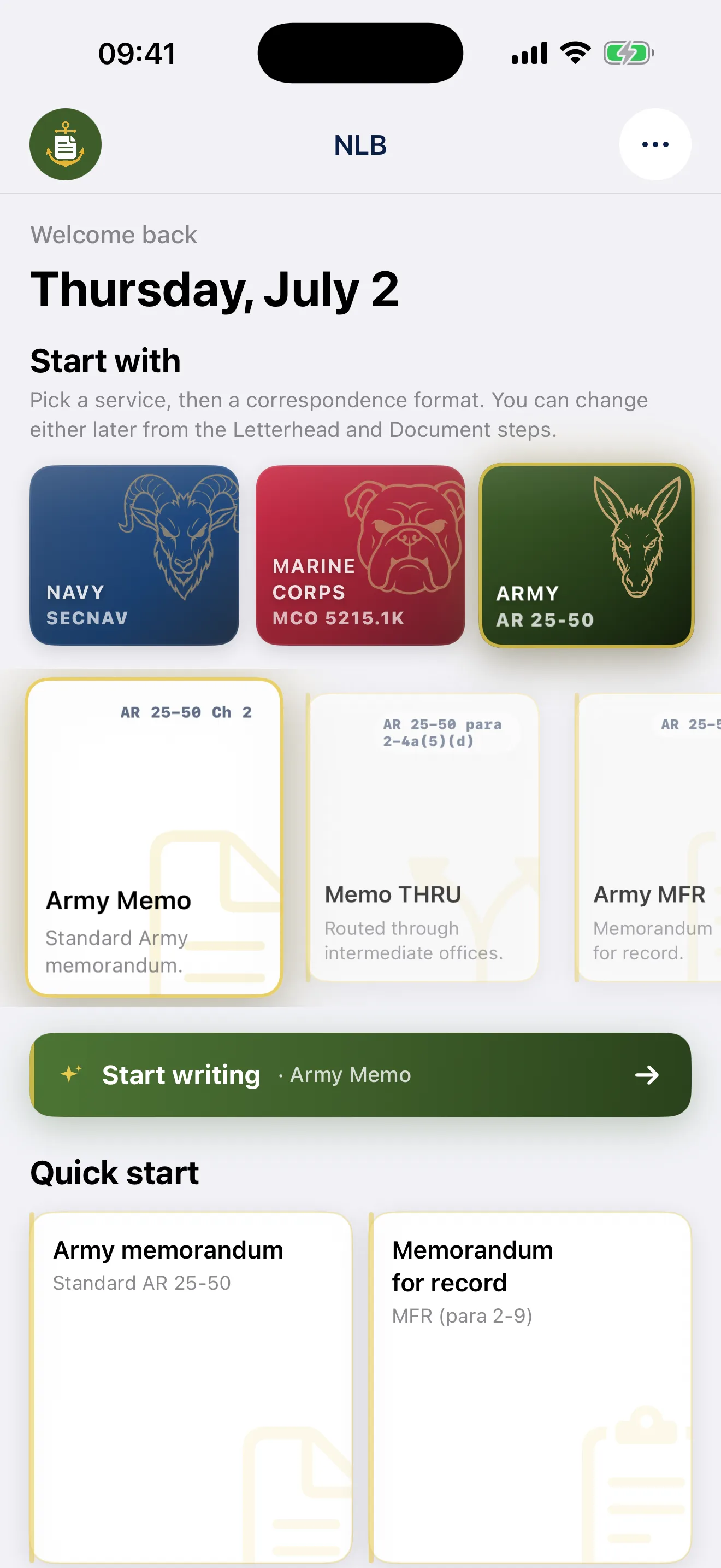 Document format picker with the Army selected