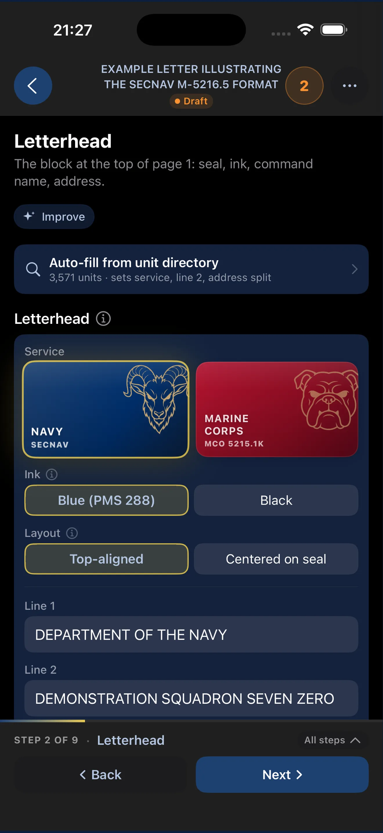 Letterhead step with unit-directory auto-fill, ink, and layout controls