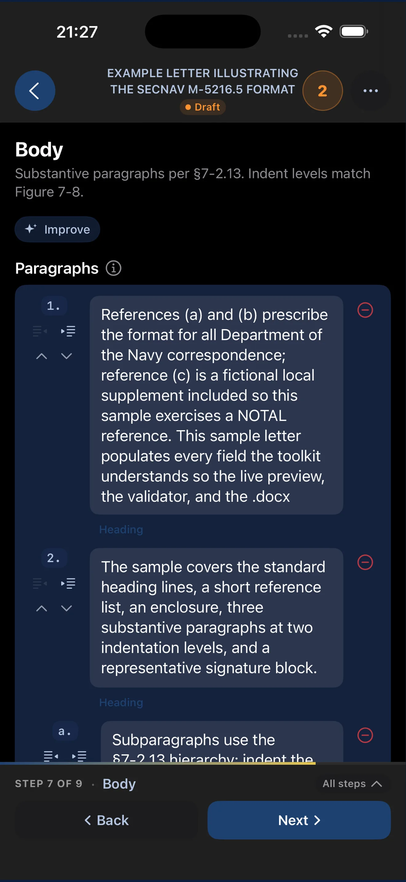 Body step with the Improve button and indented subparagraphs