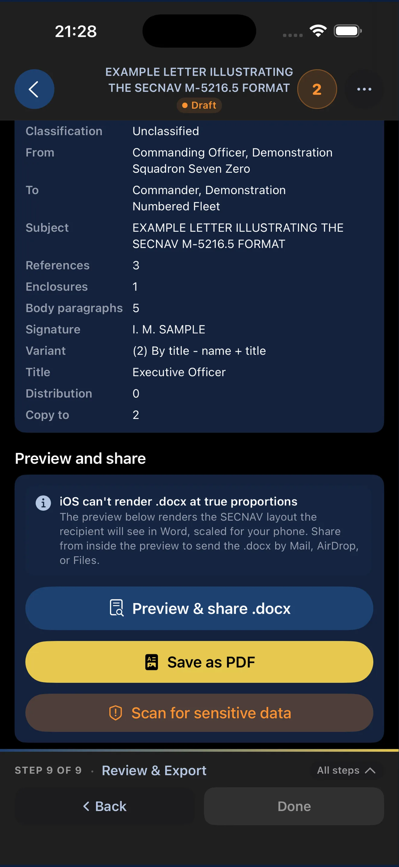 Review & Export with Preview & share .docx, Save as PDF, and Scan for sensitive data