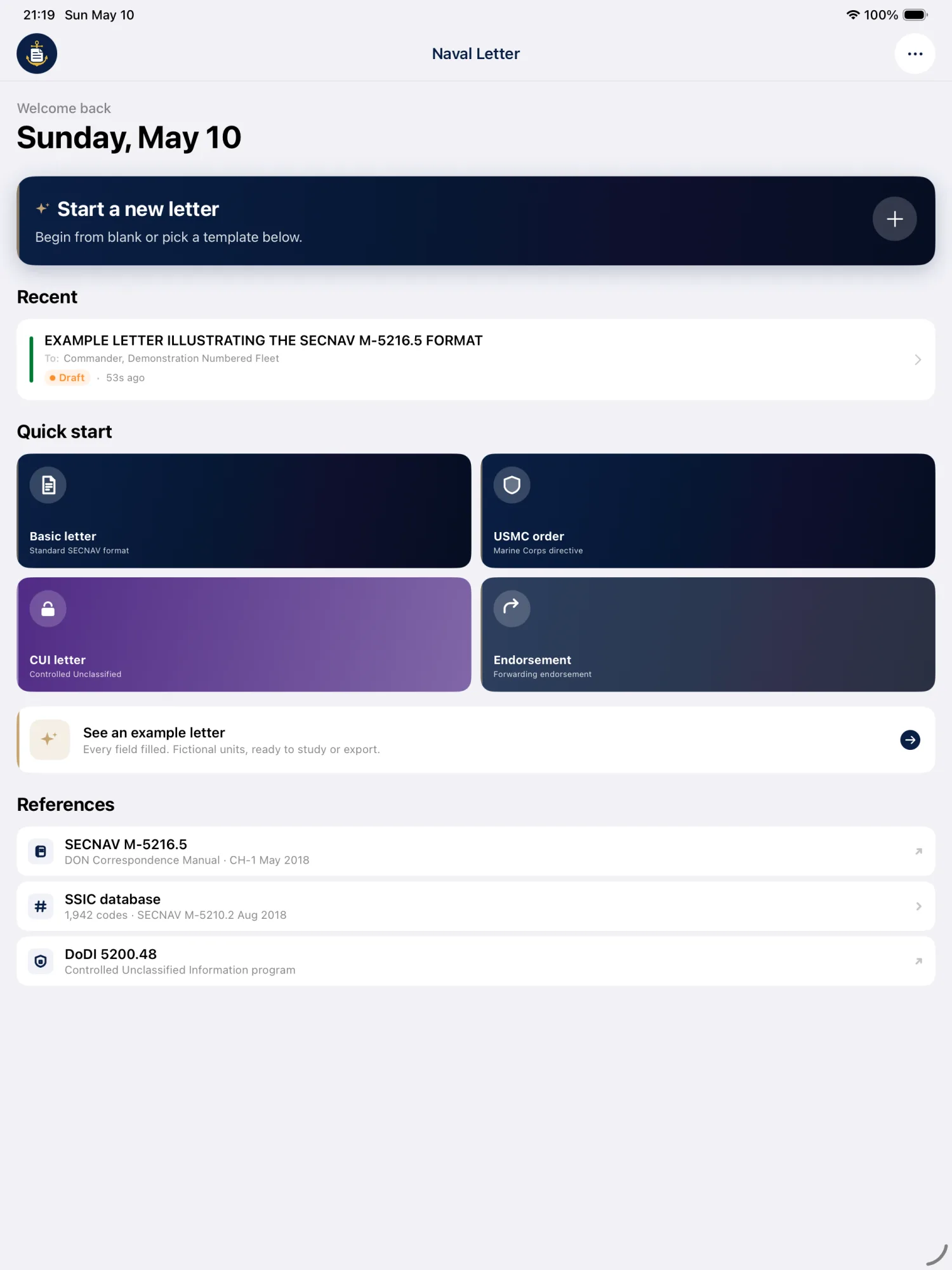 Naval Letter Builder on iPad showing the dashboard