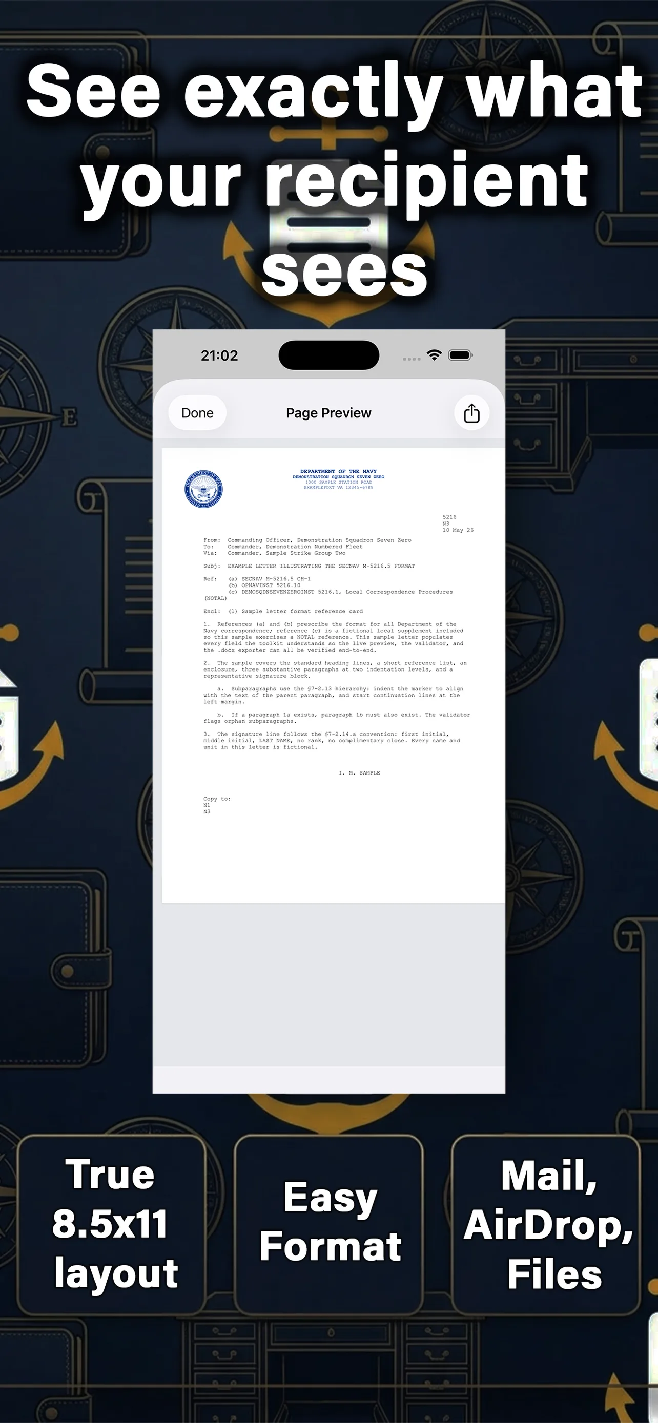 Letter preview showing classification banner placement, header rows, and signature block per SECNAV M-5216.5