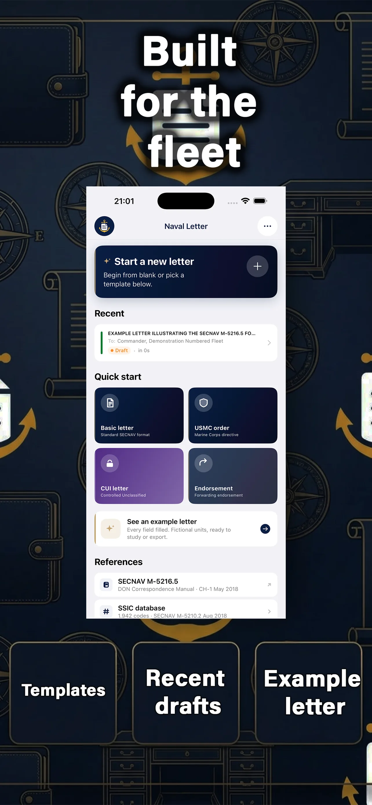 Naval Letter Builder dashboard with hero card and recent drafts