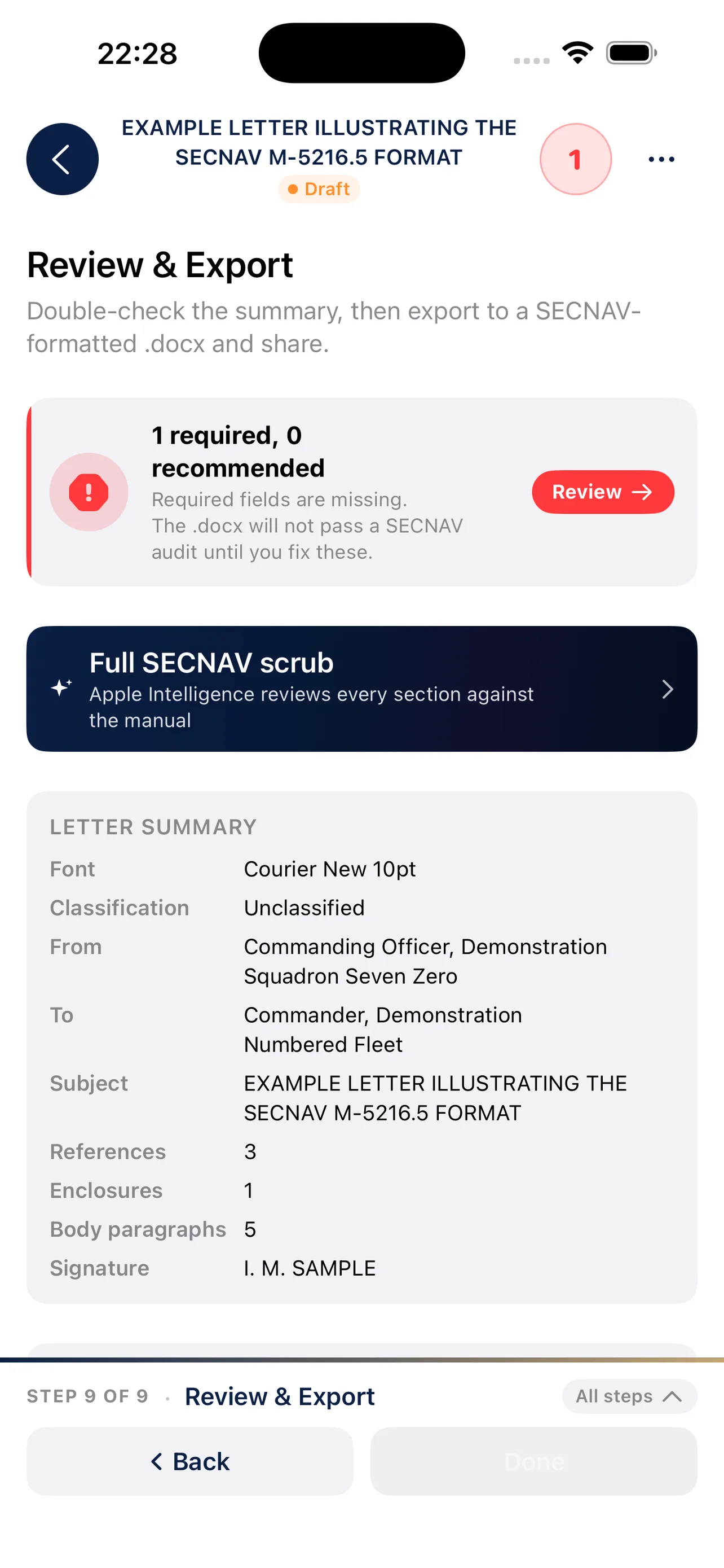 Review & Export step showing the Full SECNAV scrub call to action and 1 required issue found